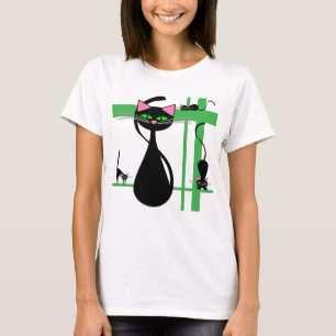 T-shirt Des chats noirs stylisés sur une grille verte