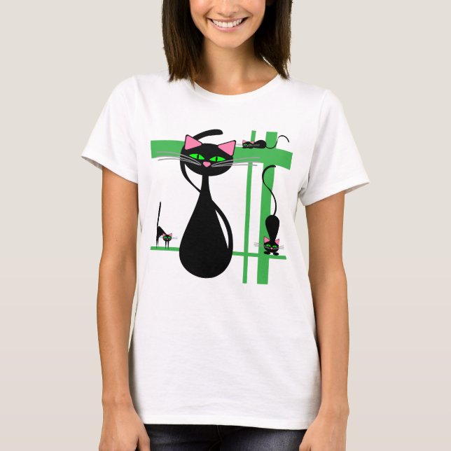 T-shirt Des chats noirs stylisés sur une grille verte (Devant)