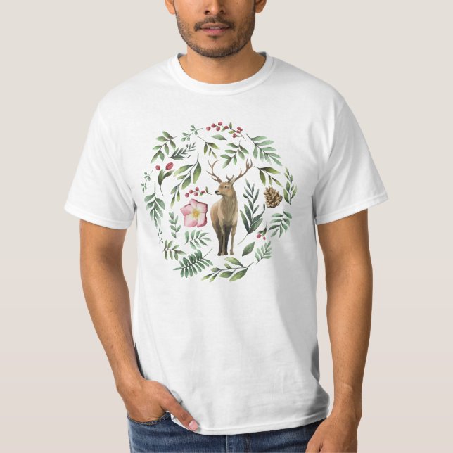 T-shirt Design circulaire de cerfs de Noël & evergreens (Devant)