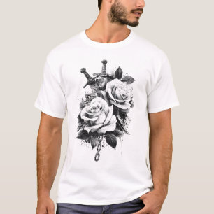 T-shirt Design d'art de tatouage noir et blanc à contraste