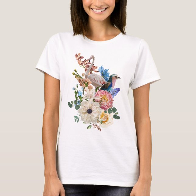 T-shirt Design été avec oiseau flamand, plage tropicale i (Devant)