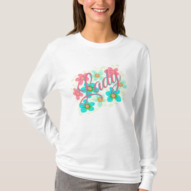 T-shirt Design floral en Turquoise et Rose (Devant)