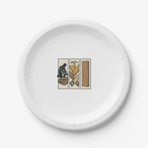 T-Shirt-Design mit Gravur von alten Holzwerkzeugen Pappteller
