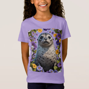 T-Shirt Dessin animé d'un phoque de baie entouré de violet