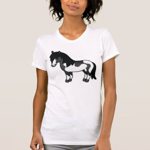 T-shirt Dessin animé mignon de poney Shetland Pinto noir