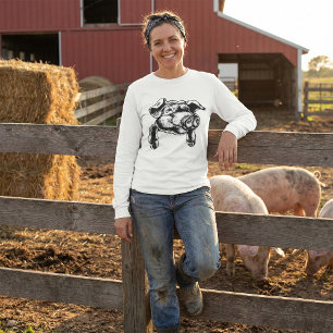 T-shirt Dessin d'animal de ferme tête de cochon en noir et
