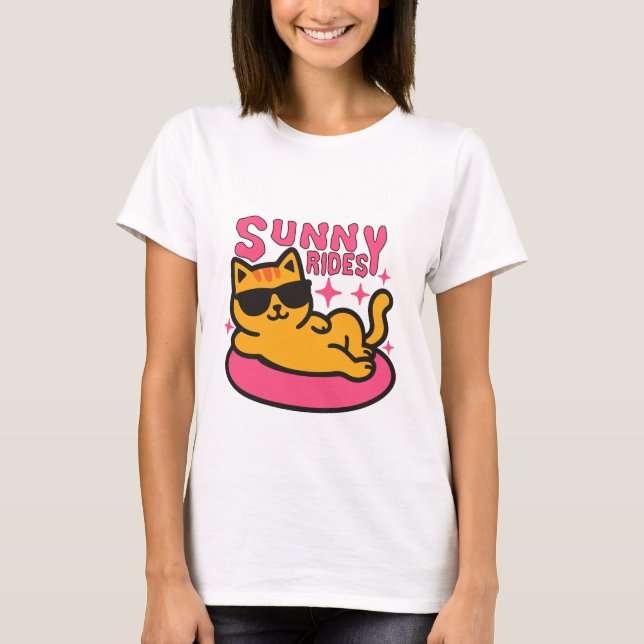 T-shirt Dessin de chat froid sur flotatie au soleil humeur (Devant)