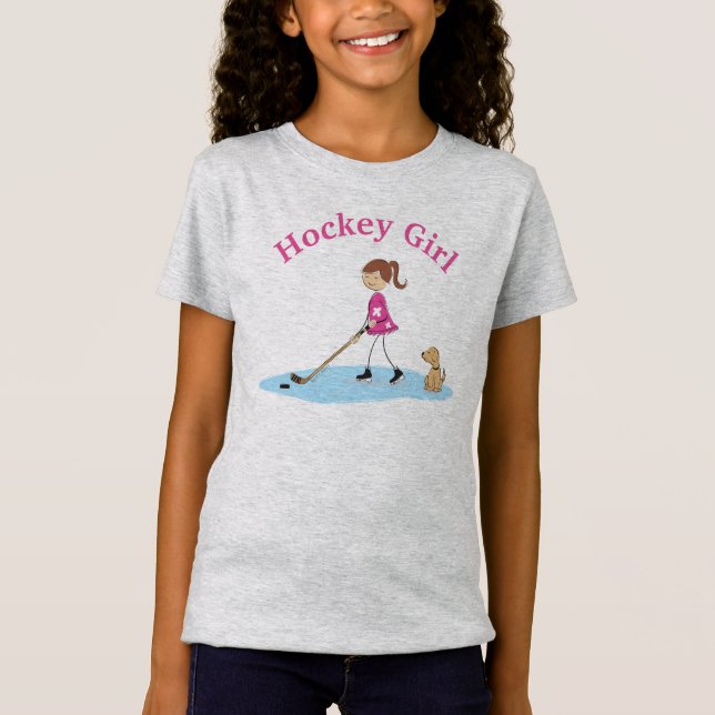 T-Shirt Dessin de fille de hockey rose (Devant)
