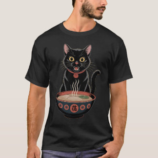 T-shirt Dessin japonais de ramen avec un chat noir mignon