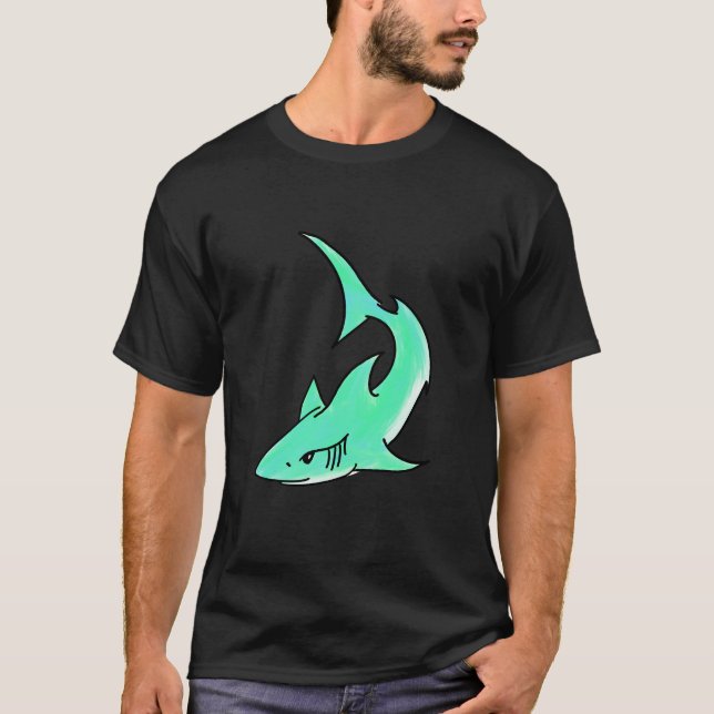 T-shirt dessin souriant requin menthe bleu vert océan anim (Devant)