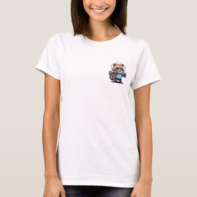 T-shirt Determined Cute Raccoon Lifting Dumbbells Gym Work (Devant)