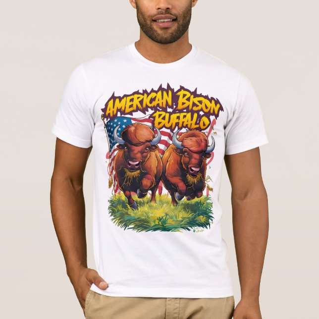 T-shirt Deux bisons debout avant le drapeau américain (Devant)