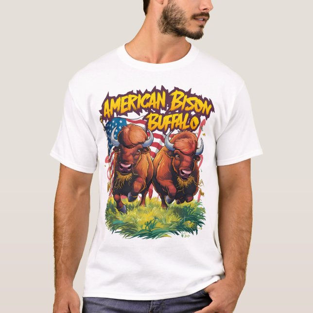 T-shirt Deux bisons debout avant le drapeau américain (Devant)