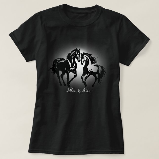 T-shirt Deux chevaux en amour noir blanc cheval couple amo (Design devant)