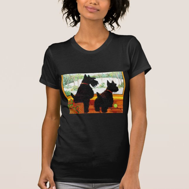 T-shirt Deux Chiens écossais en attente du Père Noël (Devant)