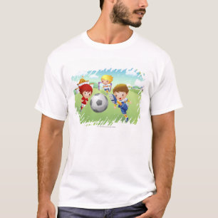T-shirt Deux filles et un garçon jouant au football