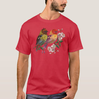 T-shirt Deux fleurs d'oiseaux Broderie de cerise retro fam