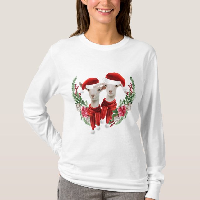 T-shirt Deux mignonnes chèvres Saanen de Noël dans la cour (Devant)