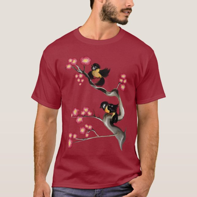 T-shirt Deux moineaux sur une chemise de branche (Devant)