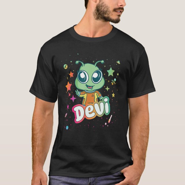 T-shirt DEVI - Nom du garçon mignon avec un Alien mignon (Devant)