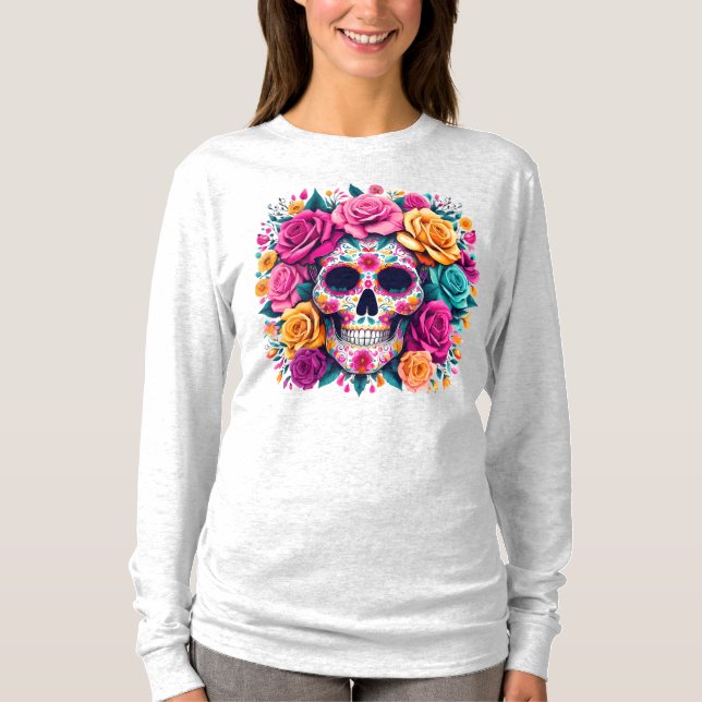 T-shirt Día de los Muertos Floral Sugar Skull Art (Devant)