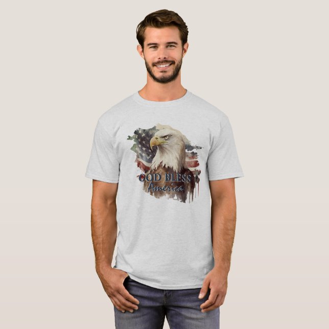 T-shirt Dieu bénisse l'Amérique Aigle patriotique Aquarell (Devant entier)