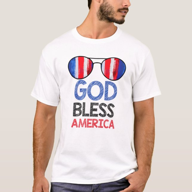 T-shirt Dieu Bénisse L'Amérique Drapeau Américain Et Lunet (Devant)