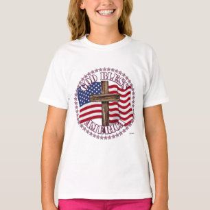 T-shirt Dieu Bénisse l'Amérique et Croix Avec Drapeau USA