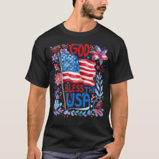 T-shirt Dieu Bénisse Les États-Unis Floral Patriotique 4 J