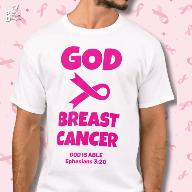 T-shirt DIEU EST PLUS GRAND QUE LE CANCER DU SEIN Christia (GOD IS BIGGER THAN BREAST CANCER Christian tee with customizable Bible verse. Pink ribbon math sign.)