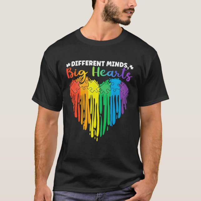 T-shirt Different Minds Big Hearts Puzzle Piece Autism Awa (Devant)