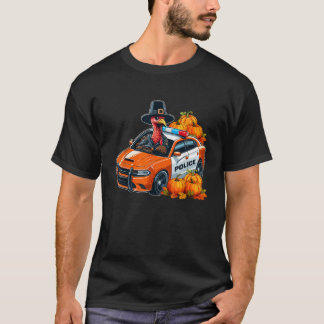 T-shirt Dinde Conduisant Voiture de Police Thanksgiving Ch