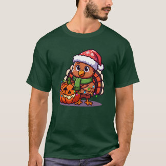 T-shirt Dinde drôle avec citrouille enveloppée de lumières