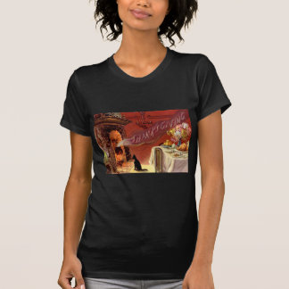 T-shirt Dîner de Thanksgiving Chat Noir Cheminée Dinde