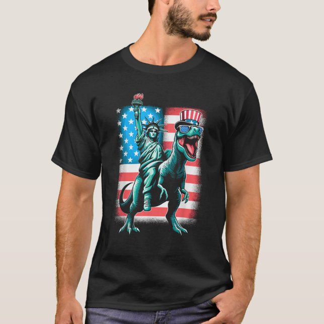 T-shirt Dino Statue De La Liberté 4 juillet Garçons Americ (Devant)