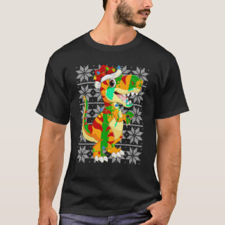 T-shirt Dinosaur lumières de Noël Rinder Santa Hat Ugly