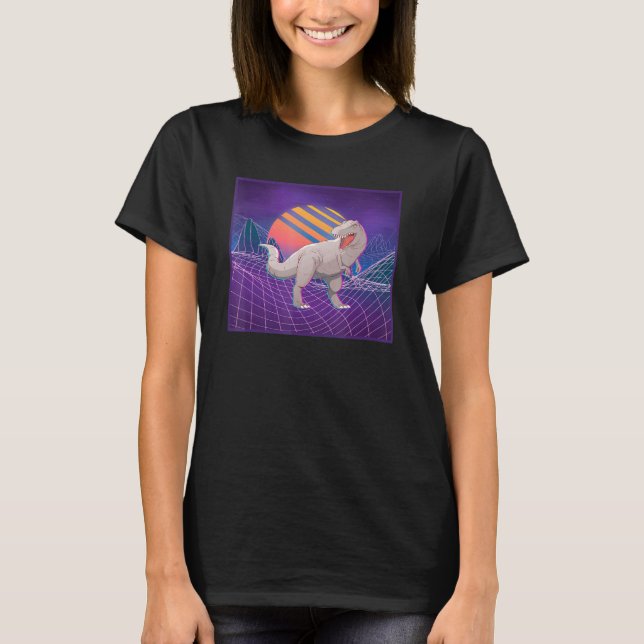 T-shirt Dinosaur Rétro Ordinateur Paysage Sunset Vaporwave (Devant)