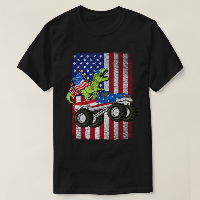 T-shirt Dinosaur T Rex Monster Truck Drapeau américain (Design devant)