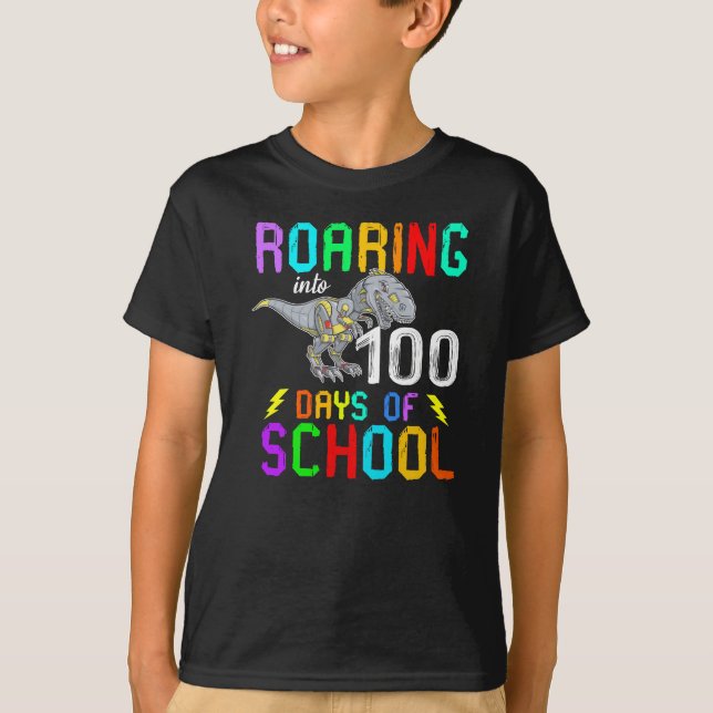 T-shirt Dinosaur T-Rex S'Enfonce Dans 100 Jours D'École (Devant)