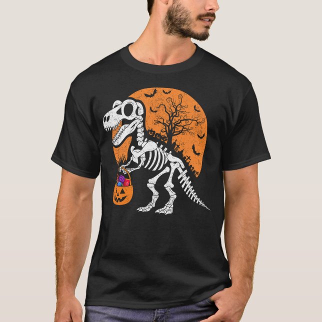 T-shirt Dinosaur T rex Skeleton Halloween Pumpkin Boys Kid (Devant)