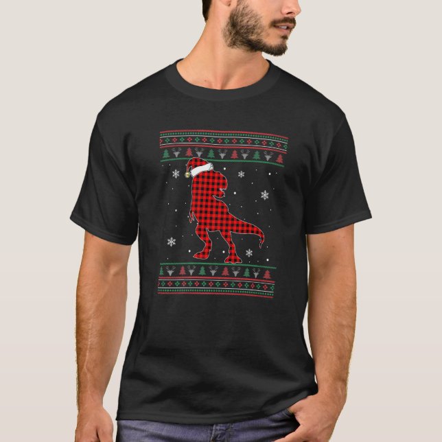 T-shirt Dinosaure de Noël moche Père Noël Red Plaid Co (Devant)
