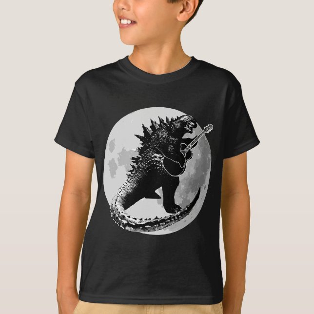 T-shirt Dinosaure Jouer Guitare Électrique Acoustique Roch (Devant)