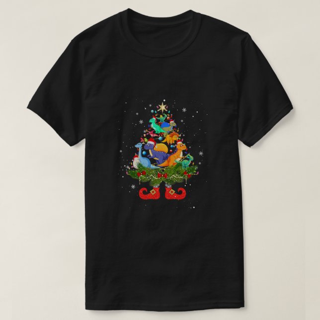 T-shirt Dinosaures Arbre de Noël Lumières Mignonne Santa H (Design devant)