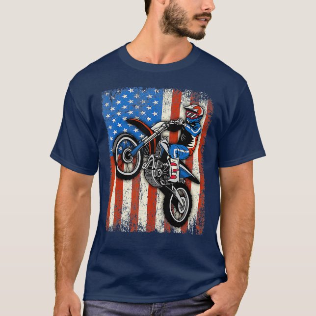 T-shirt Dirt Vélo Drapeau Américain Motocross Biker Drôle  (Devant)