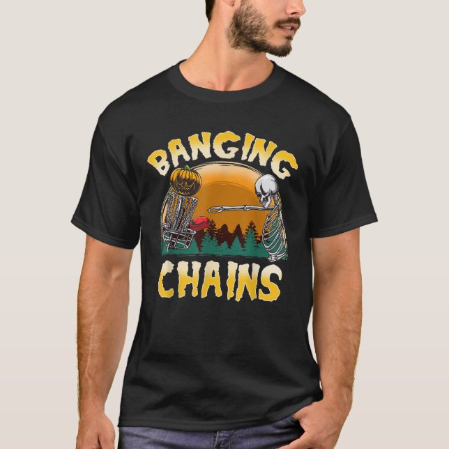 T-shirt Disc Golf Banging Chains Halloween Skeleton Pumpki (Devant)