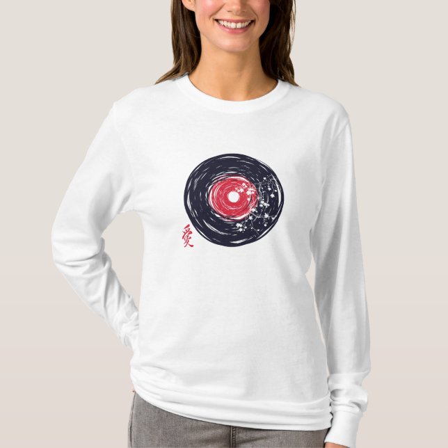 T-shirt Disque vinyle Retro Grunge avec fleurs de Sakura (Devant)