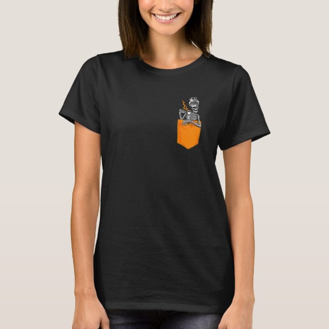T-shirt Distressed Skeleton Messy Bun Coffee Skull drinkin (Devant)