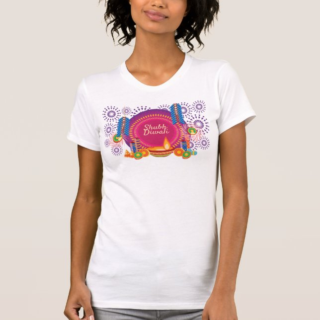 T-shirt Diwali Dessin Dessin Diya, Pétards, Feu D'Artifice (Devant)