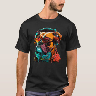 T-shirt Dj Bulldog Avec Casques Et Lunettes De Soleil