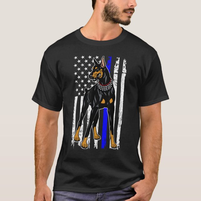 T-shirt Doberman Pinscher Mince Ligne Bleue Amérique Drape (Devant)